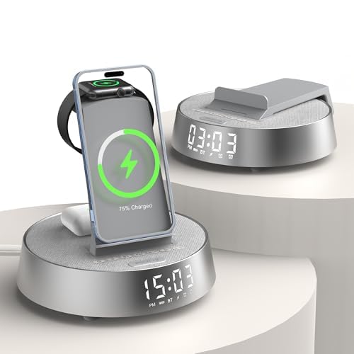 Alarm Clock Charging Station for Bedrooms, Wireless Charging Station with Dimmable Night Light Bluetooth Speaker, Wireless Charger for iPhone 17 16 15 14 13 12 Pro Max, iWatch 11