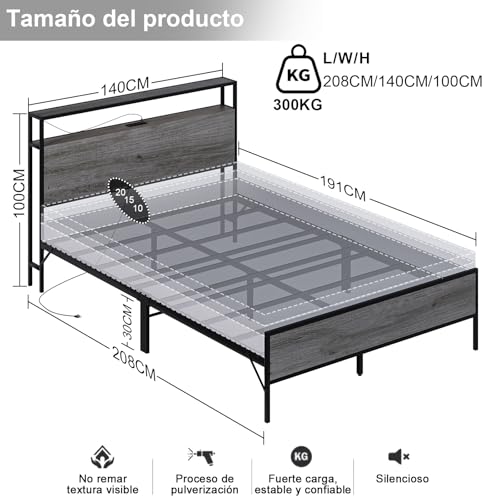Simple Wisdom Cama Matrimonial 1.4 M con Base y Cabecero de Almacenamiento, 2 Salidas de Carga y 2 Puertos USB y Luces LED(Gris)