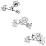 3 Pair Set Cubic Zirconia Earrings Studs Cartilage 2, 3 and 4mm in Sterling Silver & 14k Gold