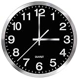 SIN&MI Wall Clock Metal Frame Glass Cover Non-Ticking Number Quartz Wall Clock 12inch Modern Quartz Design Decorative Indoor/Kitchen Black