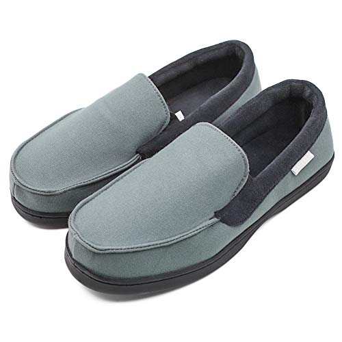 Mwfus Men's Comfy Velvet Cotton Moccasin Slippers with Memory Foam Breathable House Shoes Anti-Skid Indoor/Outdoor (10, Canvas Upper, Navy Grey)