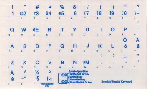 SWEDISH - FINNISH KEYBOARD STICKER WITH BLUE LETTERING TRANSPARENT BACKGROUND FOR DESKTOP, LAPTOP AND NOTEBOOK