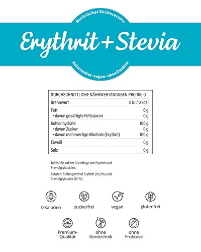 Erythrit + Stevia natürlicher Zuckerersatz ohne Kalorien 1:1 SüÃe gegenüber Zucker, ohne Eigengeschmack, gesunde Alternative zum Kochen, Backen, SüÃen (1 kg Doypack) – Bild 3