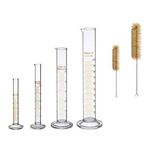 LTKJ Thick Glass Graduated Cylinder Measuring Bottle Set 5ml 10ml 50ml 100ml Glass with 2 Cleaning Brushes Chemistry Lab Graduated Measure Tools