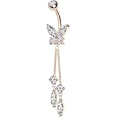 Pierced Owl 14GA 316L Stainless Steel CZ Crystal Butterfly with Double Dangling Marquise Belly Button Ring