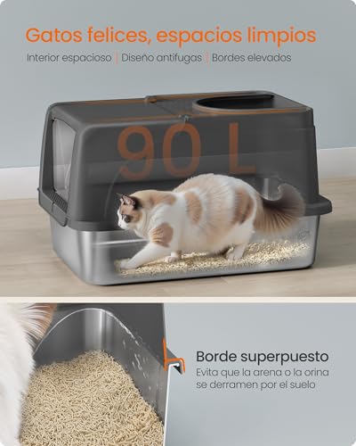 Feandrea Stainless Steel Cat Litter Box with Hinged Lid, XL Litter, Leakproof, Scoop, Brush, Double Inlet, Countertop Load 15 kg, Black Ink PPT005BH01