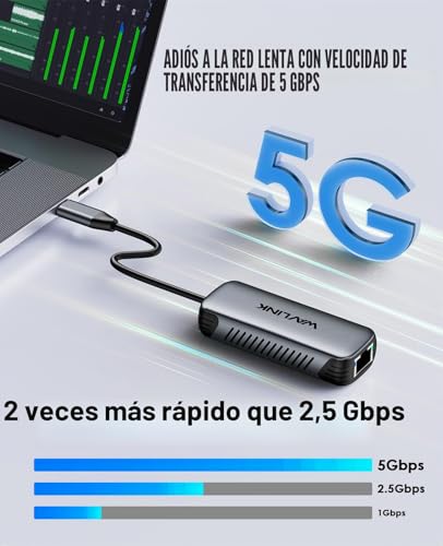WAVLINK USB C to 5G Ethernet Adapter, 5000Mbps, Driverless Ethernet Network Adapter for Laptops and Computers, Compatible with Windows 10/11, Mac OS 11 or Higher and Linux