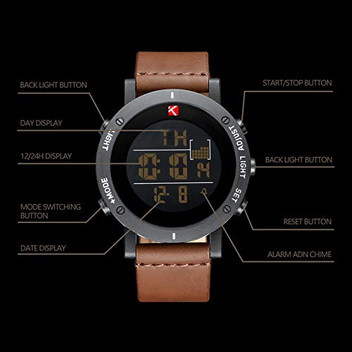 Mens Watches Man Digital Military Waterproof Sports Chronograph Watch Multifunction LED Day Date Calender Alarm Fashion Cool Casual Designer Leather Wrist Watches for Men Boys Teenagers