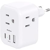 European Travel Plug Adapter, International Power Plug Adapter with 3 Outlets 3 USB Charging Ports(1 USB C), Travel Essential
