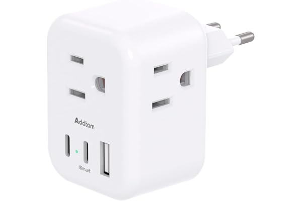 European Travel Plug Adapter, International Power Plug Adapter with 3 Outlets 3 USB Charging Ports(1 USB C), Travel Essential