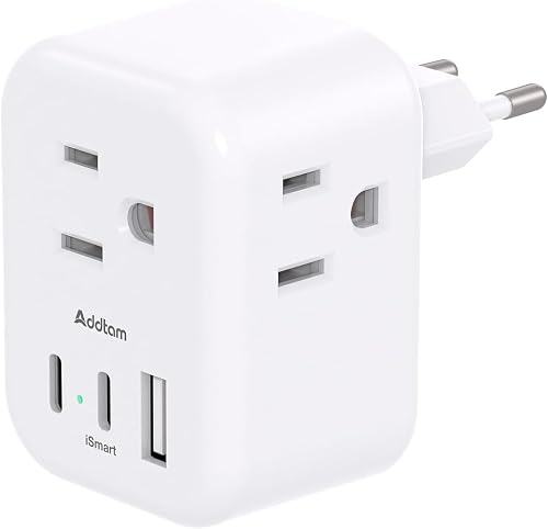European Travel Plug Adapter, International Power Plug Adapter with 3 Outlets 3 USB Charging Ports(1 USB C), Travel Essentials to Italy,Greece,Israel,France, Spain (Type C)