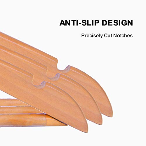 JS HANGER Coat Hanger Wooden Suit Hanger with Non Slip Pants Bar and Cut Notches - Natural, Set of 20