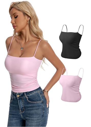 Women Padded Tube Camisole Crop Tank Tops Spaghetti Strap,Black,Pink-L at Amazon