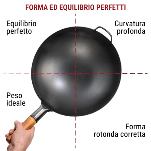 YOSUKATA Professional Wok Pan 36 cm – Traditional Round Base in Preconditioned Carbon Steel – Original Chinese – Large Pot – Compatible with Gas and Open Fire (Black)