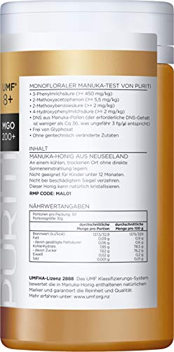 PURITI Manuka Honig MGO 200+ 500g aus Neuseeland mit zertifiziertem Methylglyoxal Gehalt - Laborgeprüft, Direktimport, reines Naturprodukt, frei von Zusatzstoffen – Bild 4