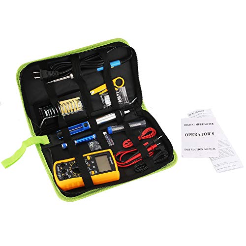 Zoostliss Soldering Iron Kit 60W Adjustable Temperature Welding Tool, Digital Multimeter, Soldering Iron Tips, Desoldering Pump Wire Stripper Cutter Tweezers Soldering Iron Stand Electronic Wire