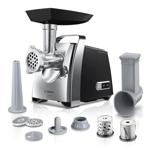 Bosch Fleischwolf ProPower MFW67440, elektrisch, Wurstaufsatz, 3 Edelstahl Loch-Scheiben (3, 4,8 +8mm), Stopfer, Kebbe-Aufsatz, Durchlaufschnitzler, 2000 W Blockierleistung, 700 W, schwarz / silber