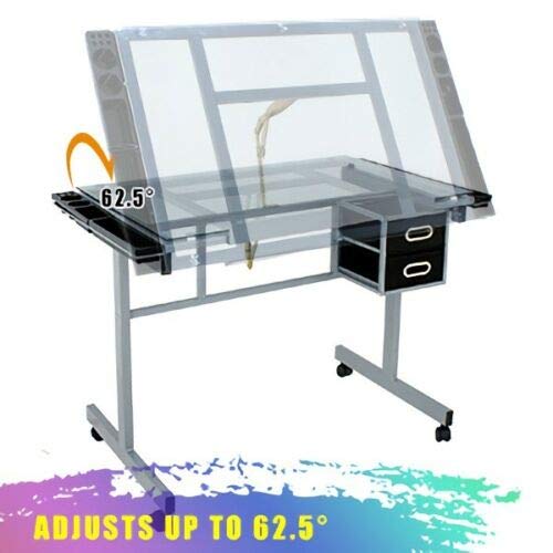 9TRADING Adjustable Hydraulic Salon Stool Chair +Drafting Table Craft Station with Glass Top - Thumbnail 2