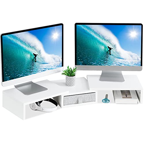 Photo 1 of TEAMIX White Dual Monitor Stand Riser with Drawer - Length and Angle Adjustable Double Corner Desk Shelf Organizer 37 inch Long for 2 Laptop/PC/Screen/TV
