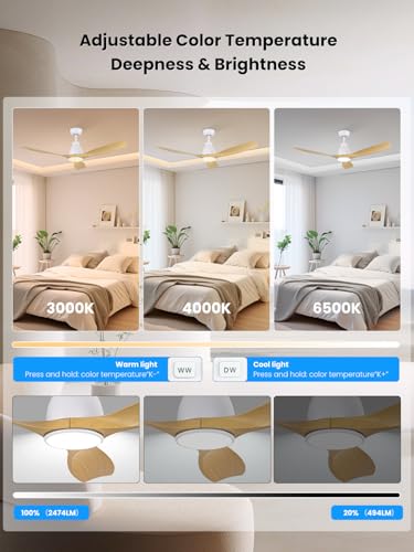 Newday Wooden Ceiling Fan with 3 Blades, 132 cm Ceiling Fan with Light and Silent Remote Control, Reversible DC Motor, Dimmable LED, Sleep Mode, Timer for Living Room