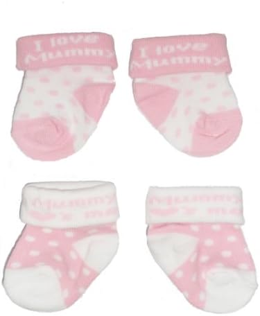 Baby Girls Cute Socks 2 Pairs - Pink & White 'I Love Mummy' (Newborn - UK 0-0)