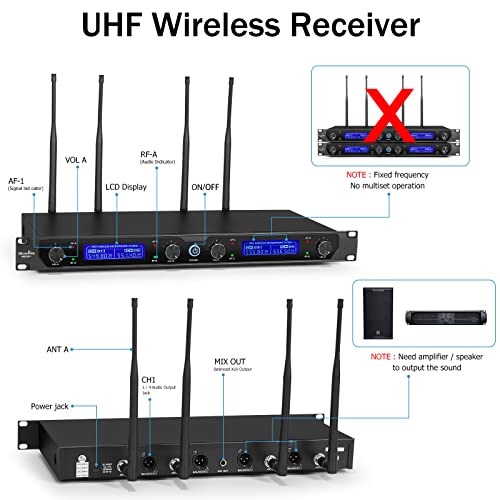 MicrocKing Wireless Microphone System, with 4 Handheld Mics, Metal Build, Fixed Frequency, Long Range 400FT, Ideal for Party Wedding Church Conference Speech