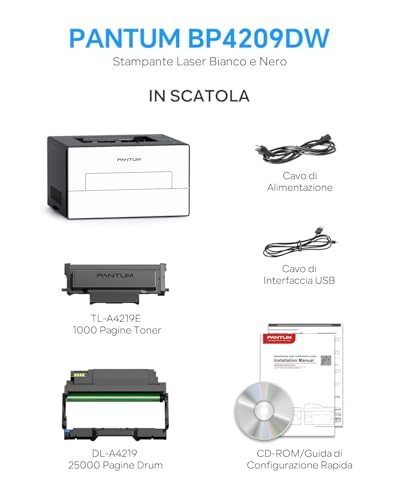 PANTUM BP4209DW Wi-Fi Black and White Laser Printer, Automatic Front and Back Printing in Single Function A4, 30 ppm, USB and Wireless, LCD Display, Inbox Toner 1000 Pages, USB Cable Included