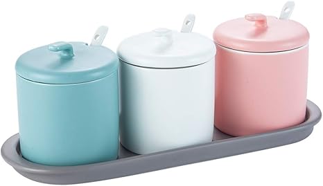 Amazon つや消しホワイト 青い ピンク陶器 調味料ポット セット シュガーポット塩ポット トレイ付き3個セット 調味料 スパイスラック オンライン通販