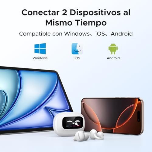 UGREEN Audífonos Inalámbricos Bluetooth 5.4 Oído Abierto con Pantalla Inteligente Táctil, Open-Ear 12 Funciones con Toque, 12 mm Diafragma, 110 ms Latencia Baja, Compatible con iPhone, Huawei, Xiaomi