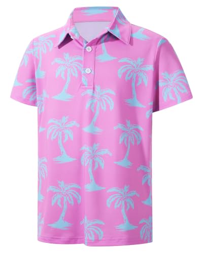 Runhit Boys Golf Polo Shirts Short Sleeve Kids Performance Collared Print Shirt Youth Moisture Wicking Casual Polo Uniform Pink Palm Tree XL at Amazon