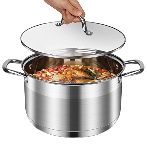LEUGWAKN 10 Quart Stock Pot, Stainless Steel Pot with Lid for Induction | Premium 10 quart stainless steel cookware. Heavy duty large cooking pot with lid for soup, pasta, stew. Induction pot