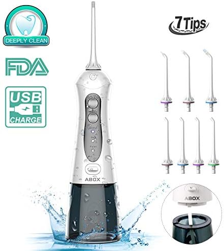Cordless Water Flosser, ABOX Portable Oral Irrigator with 7 Jet Tips, Rechargeable Dental Flosser with 3 Modes, Anti Leakage Design, 2 Minute Timer, Ideal for Adults & Kids Use at Home and Travel