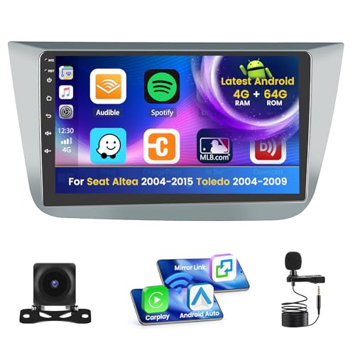 Inefala 4+64G Stereo for Seat Altea 2004-2015 Toledo 2004-2009 Android 15 with Wireless Carplay and Android Auto, 9'' Radio Screen with Bluetooth 32EQ GPS FM/RDS SWC AHD Reverse Camera