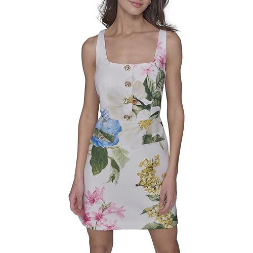Karl Lagerfeld Paris Women’s Sleeveless Square Neck Tweed A-Line Mini Dress, Soft White/French Blue Combo