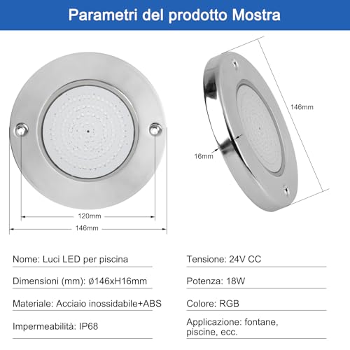 COOLWEST Resin Filled LED Pool Light, 18 W RGB LED Spotlights Ultra-Flat Lighting Stainless Steel, Pool Lights with Remote Control, IP68 Waterproof, 24 V DC, Dimmable
