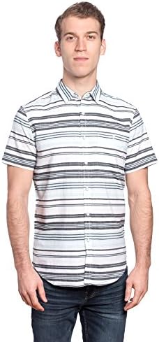 Free Planet Mens Designer Horizontal Striped Collared Shirt with Chest Pocket - White / Light Blue Stripe, M