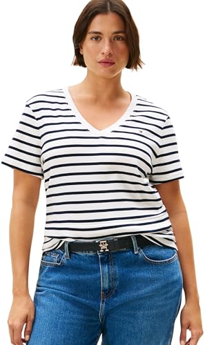 Tommy Hilfiger T-Shirt Manches Courtes Femme Slim Fit Cody Col en V, Multicolore (Breton/ Ecu/ Dark Night Navy), 46