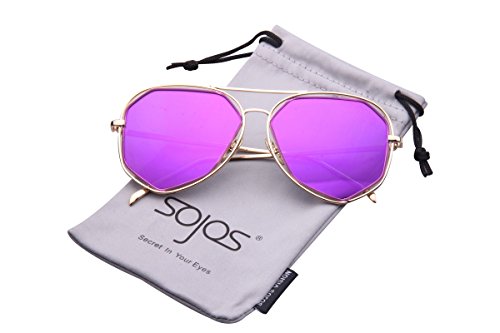 SojoS Fashion Metal Frame Flat Mirrored Lens Sunglasses SJ1004 With Gold Frame/Purple Lens