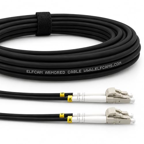 Elfcam® - 35M/114.8ft Fiber Optic Cable with Corrugated Steel Armor LC/UPC for LC/UPC OM3 Multimode Duplex 50/125um LSZH, Suitable for Outdoor and Indoor Installations, Black, 35M