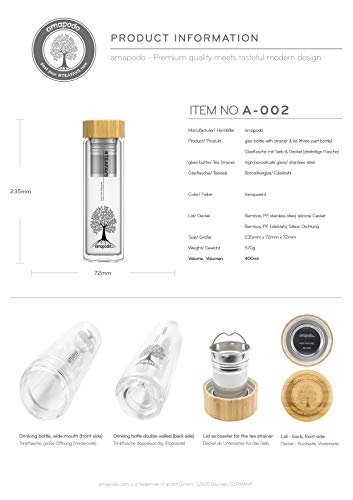 amapodo Teeflasche aus Glas mit Sieb - 400ml Tee Flasche Teekanne to go - Trinkflasche doppelwandig aus Borosilikatglas – Bild 4