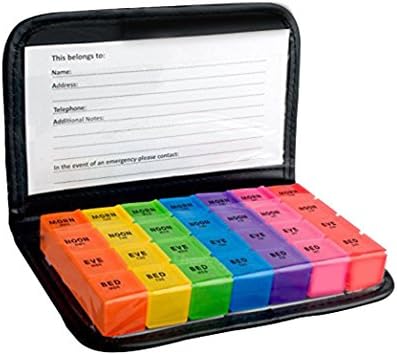 Rainbow Weekly 28 Compartments Pill Organizer with Snap Lids 7-Day Detachable Compartments for Pills, Vitamin. (Black Leather)