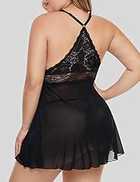 XAKALAKA Mujeres Talla Plus Encaje Malla Babydoll Lencería Crisscross Back Chemise Sleepwear