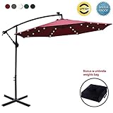 ABCCANOPY 10 FT Solar Powered LED Patio Outdoor Umbrella Hanging Umbrella Cantilever Umbrella Offset Umbrella Easy Open Lift 360 Degree Rotation with 32 LED Lights (Burgundy)