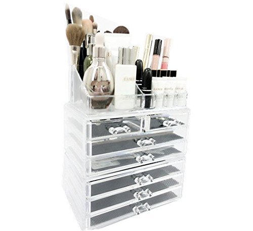Unique Home 3 Piece Set Acrylic Jewelry & Cosmetic Storage Makeup Organizer (3 Piece Large, Clear)