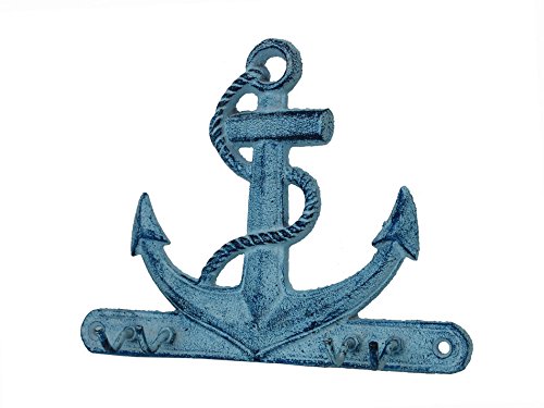 Hampton Nautical Rustic Dark Blue Whitewashed Cast Iron Anchor with Hooks 8" (Nautical Hook)