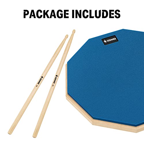 Donner 12 Inches Drum Practice Pad Silent Drum Pad Set Blue 2Sided