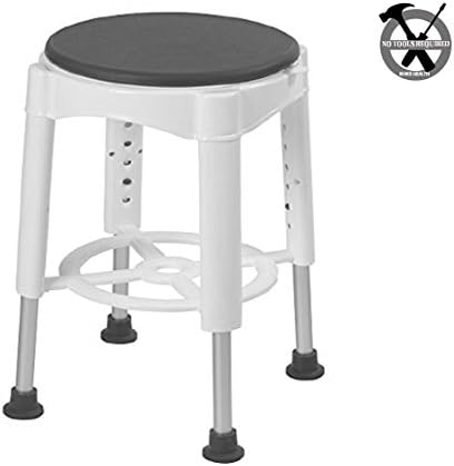 Shower &amp; Bath Stool With Padded Rotating Seat, White with Gray Swivel Seat | Lightweight &amp; Portable | Adjustable Height | Easy No-Tool Assembly | Independent Showering for Elderly, Seniors or Injured
