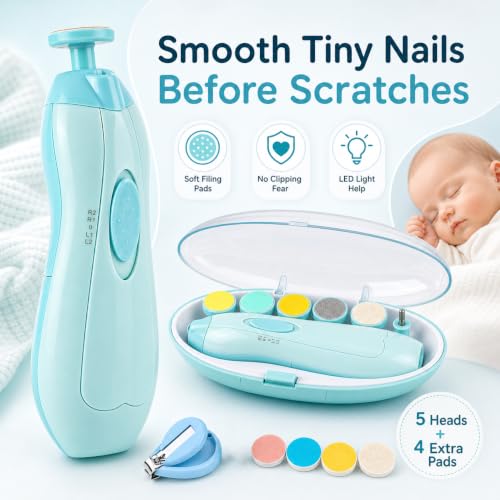Gnker Baby Nail Trimmer, Electric Nail File & Baby Nail Cutter | 12-in-1 kit, 4 replacement pads, for newborn toddler fingernails & toenails, blue