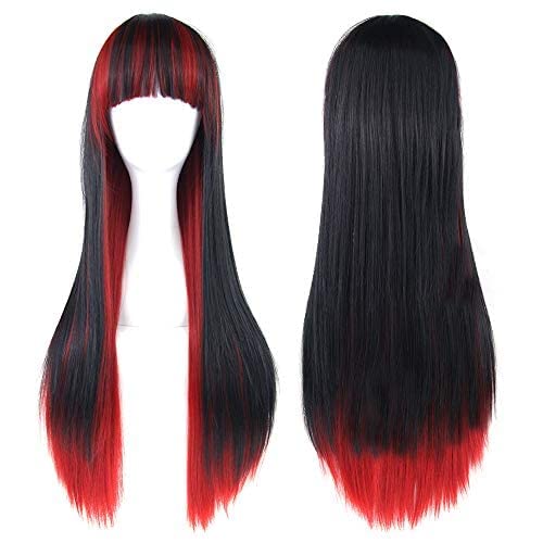 IMISSU 26'' Long Curly Natural Hair Cosplay Wig with Bangs Colorful Halloween Costume Party Wigs for Women (Black Red)
