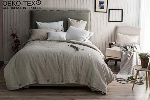 meadow park Stone Washed Pure Linen Duvet Cover Set 3 Piecss, Queen 90 inches x 94 inches- Shams 20 inches x 26 inches, Coconut Shell Button Closure - Corner Ties - Super Soft, Natural